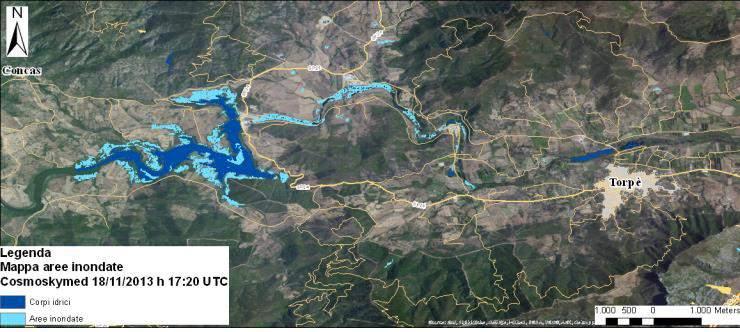 Sardegna novembre 2013: dettaglio delle mappe delle aree inondate per l area della Diga di Maccheronis e del comune di