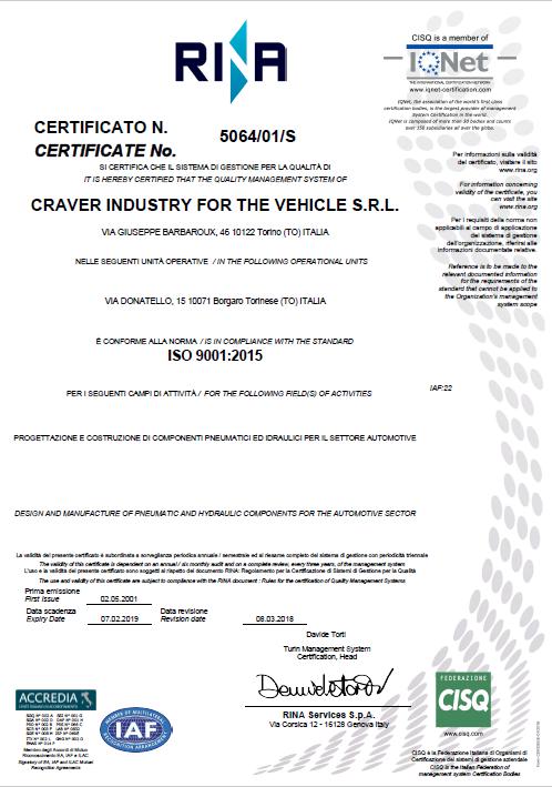 Craver Industry for the vehicle SRL Azienda certificata ISO 9001-2015 e su prodotti di sicurezza (parte di AVSQ94) è presente sul mercato nazionale ed internazionale del ricambio dal 1967.
