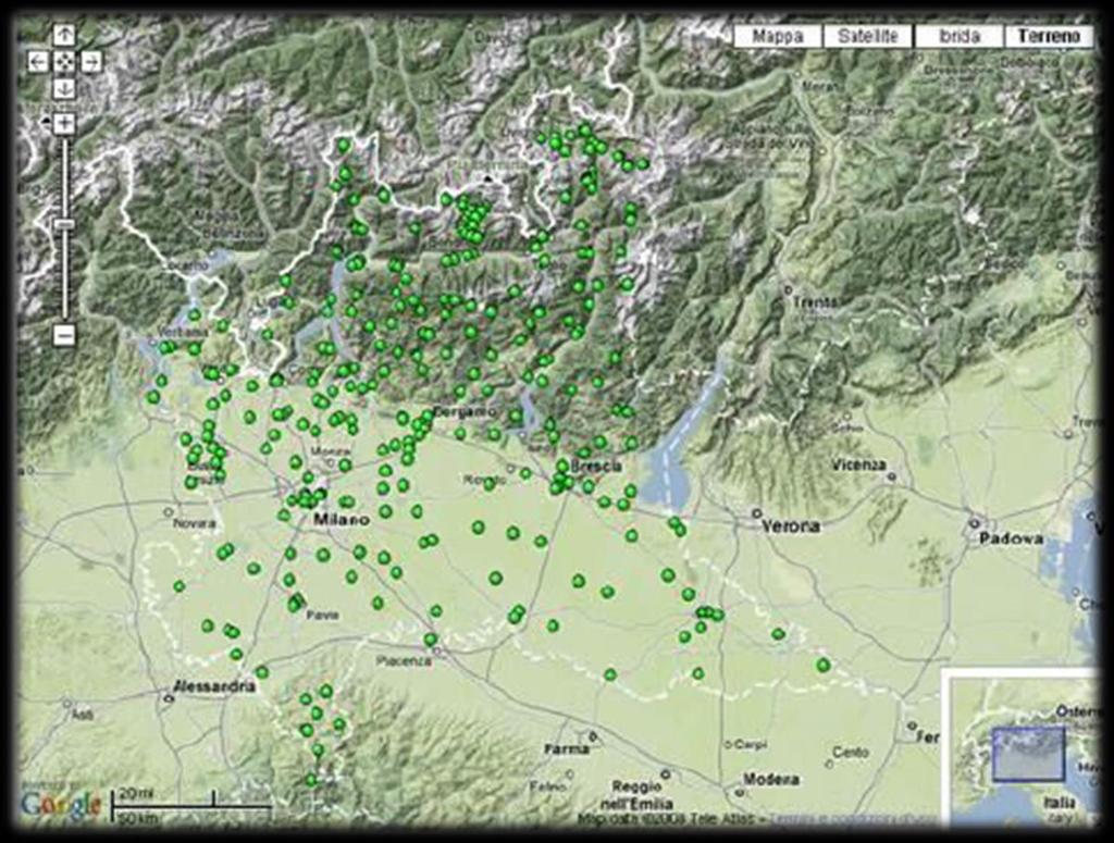 La rete di monitoraggio La rete di monitoraggio meteorologico al momento si compone di circa 200 sensori per la misurazione della temperatura e della precipitazione cumulata,