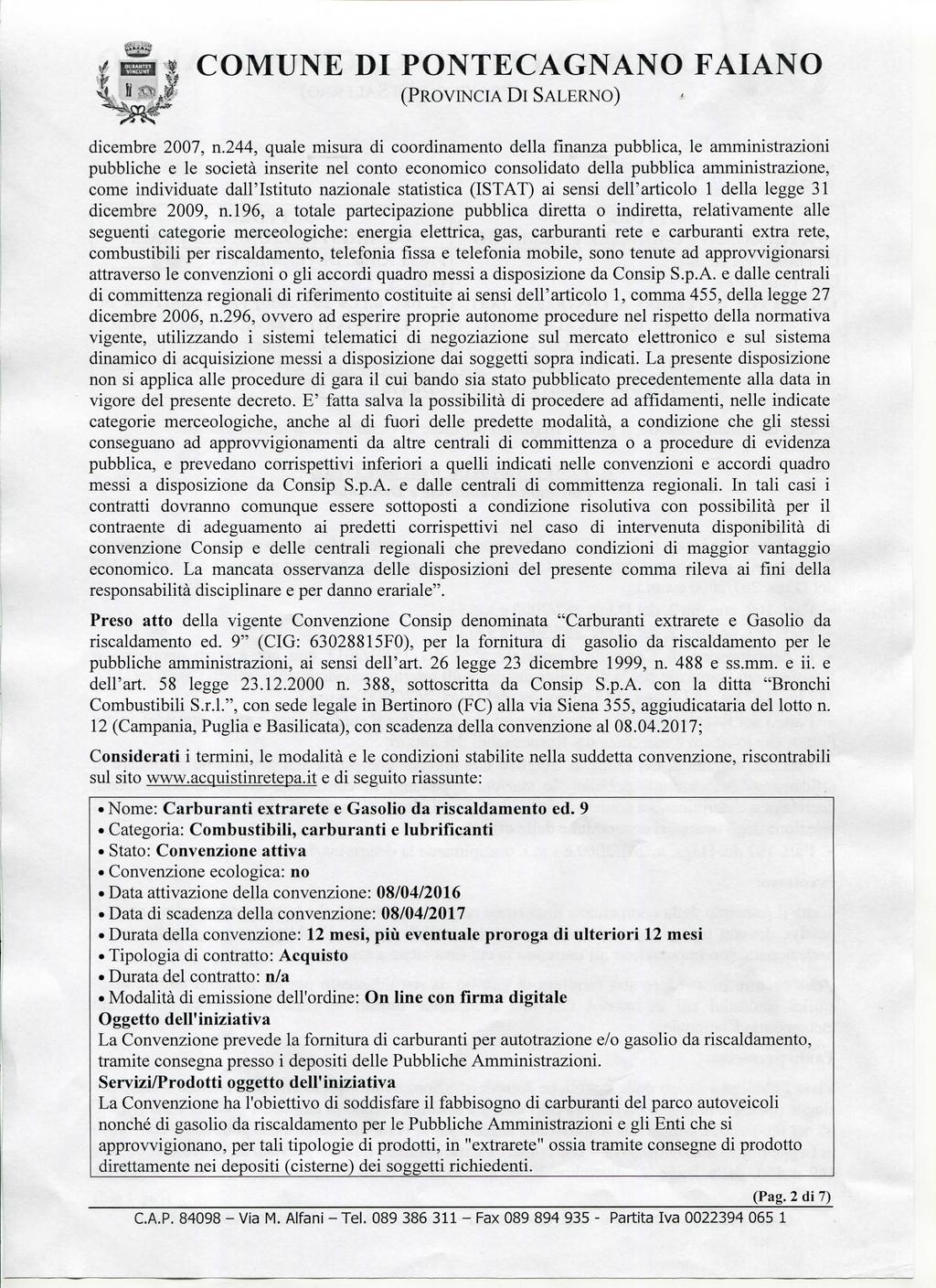 COMUNE DI PONTECAGNANO FAIANO (PROVINCIA DI SALERNO) dicembre 2007, n.