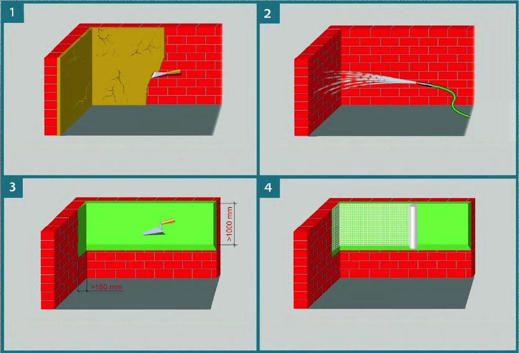 Rimuovere ogni tipo di materiale instabile e fragile, polvere e ogni tipo di agente estraneo, i muri devono essere liberi da materia grassa, acidi e da altri materiali (tessuti) refrattari all acqua.