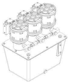 1 centralina a motore pneumatico E48/M-AIR-3/3G con gruppo FR+L, pulsanti ON-OFF motore, distributore idraulico a leva 3/3 e manometro M1, il tutto assemblato su serbatoio da Lt 8 Questo gruppo