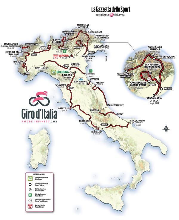 Milano, 31 ottobre 2018 Sarà un Giro d Italia Italian Style, eccezion fatta per lo sconfinamento nella Repubblica di San Marino nella nona tappa, quello che vedrà la sua 102a edizione organizzata da
