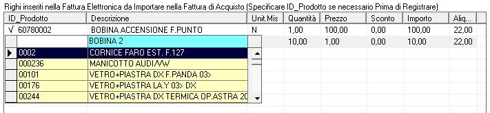 vi sono dei righi la cui descrizione corrisponde con la descrizione di un prodotto presente in magazzino, il software associa a tali righi il corrispondente prodotto ed inserisce il simbolo ok.