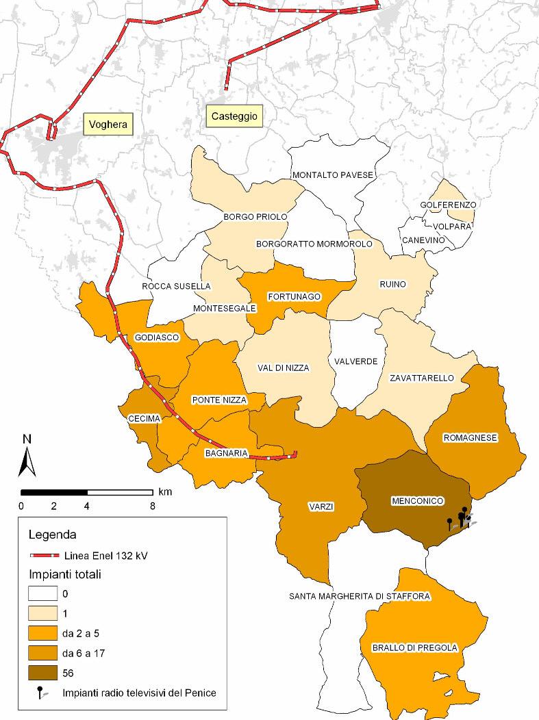 Figura 1 - Elettrodotti e impianti radiotelevisivi in Oltrepo Pavese (2003) (Fonte: Provincia di Pavia, Mappatura degli apparecchi sorgente di campi elettrici, magnetici ed elettromagnetici presenti