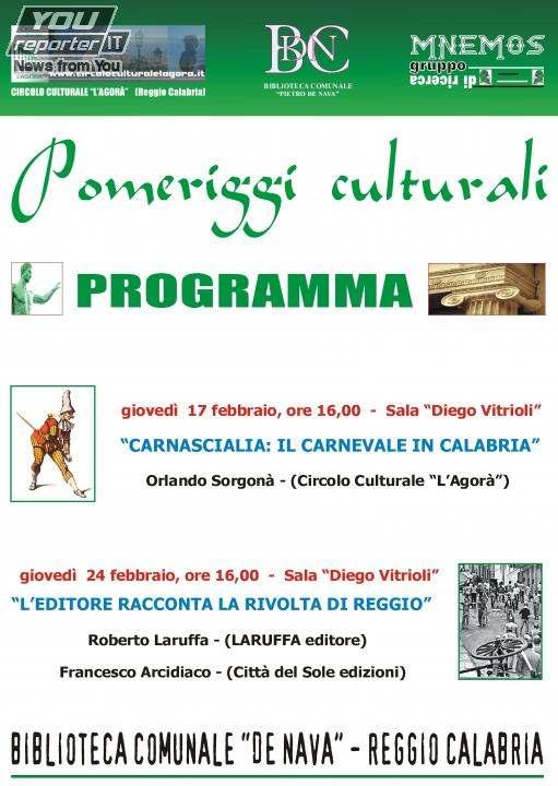 Ritornano in riva allo Stretto il ciclo di manifestazioni denominati Pomeriggi Culturali organizzati dal Circolo Culturale L'Agorà in collaborazione con la Biblioteca Comunale Pietro De Nava di