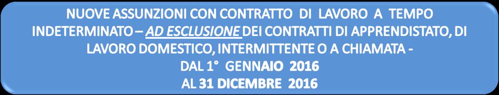 SGRAVIO CONTRIBUTIVO LEGGE DI STABILITÀ 2016 ESONERO CONTRIBUTIVO A CARICO DEL DATORE DI LAVORO, NELLA MISURA DEL 40%, PER UN PERIODO DI 24 MESI DECORRENTI DALLA DATA DELL ASSUNZIONE,