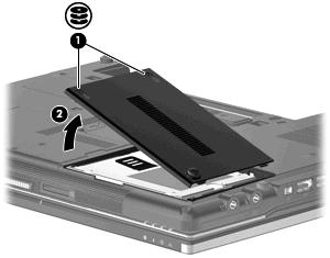 8. Rimuovere il coperchio dal computer (2). 9. Allentare la vite del coperchio dell'unità disco rigido (1). 10.