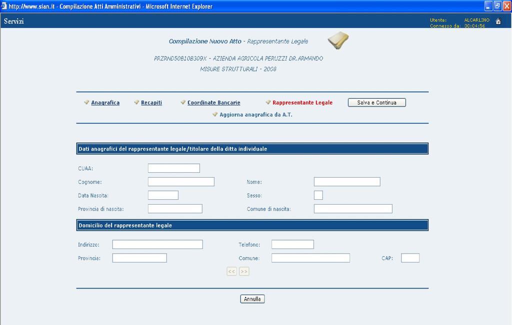 10-44 i dati del rappresentante legale. Le modifiche vengono salvate tramite il pulsante salva e continua.
