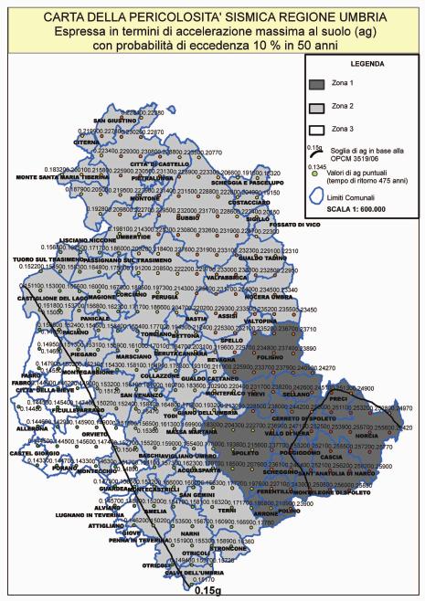 fig. 2: carta della pericolosità sismica della Regione Umbria da cui risulta la nuova classificazione sismica della regione ai sensi della D.G.R. 18/09/2012 n.