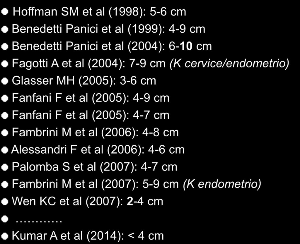 Fagotti A et al (2004): 7-9 cm (K cervice/endometrio) Glasser MH (2005): 3-6 cm