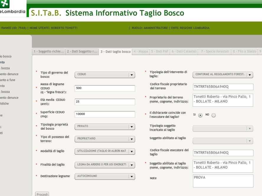 I dati numerici richiesti sono