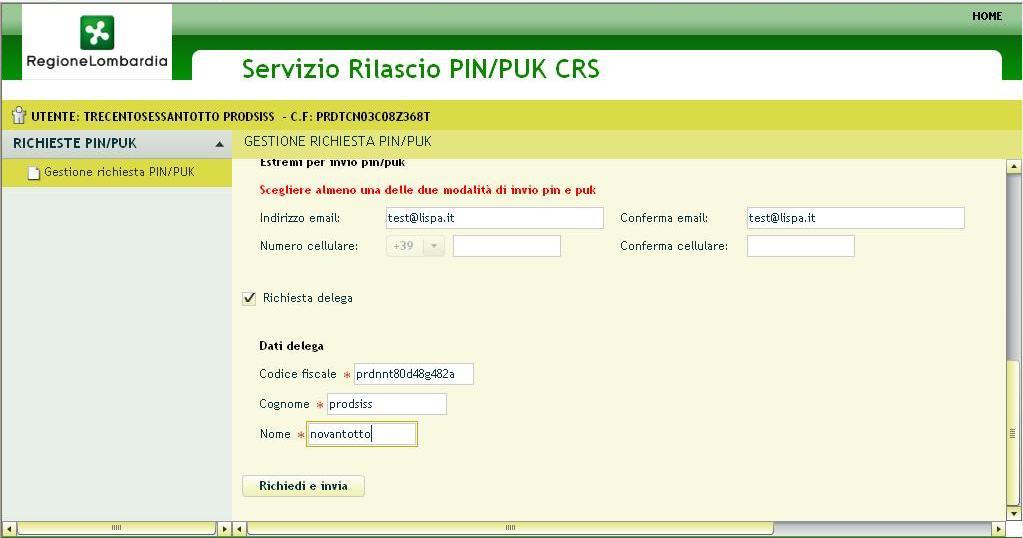 Figura 9 Inserire i dati del delegato Effettuata la richiesta di rilascio dei codici il Sistema visualizza la seguente