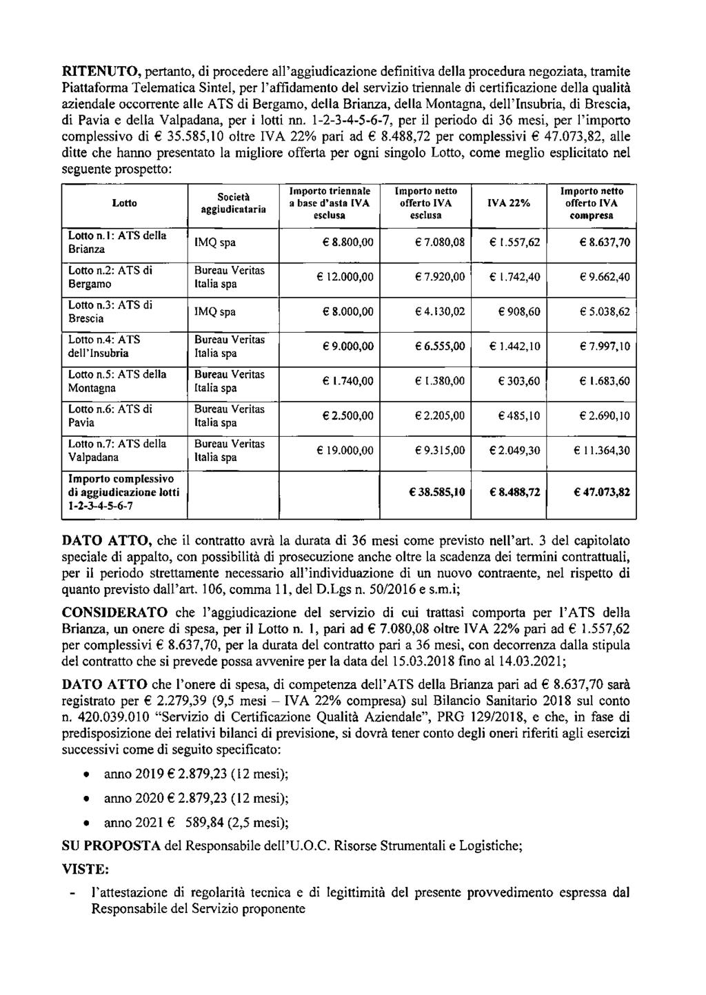 RITENUTO, pertanto, di procedere all'aggiudicazione definitiva della procedura negoziata, tramite Piattaforma Telematica Sintel, per l'affidamento del servizio triennale di certificazione della