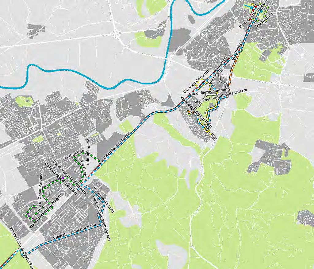 2.5.2. Costruzione dei nuovi servizi del TPL Il progetto prevede la realizzazione di tre servizi A/R su corsia preferenziale che colleghino Acilia, la zona Infernetto, e la zona Tor de Cenci con la