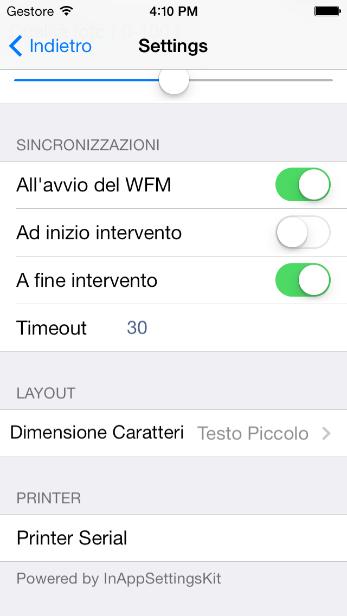 Dalla Home del WFM dal menu si può accedere ai settings dove impostare alcune preferenze come le preferenze d sincronizzazione.