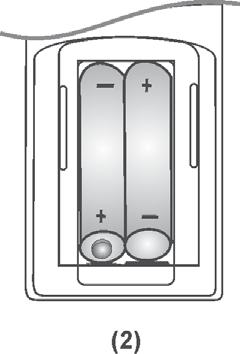B) Installazione (1) Aprire il vano batterie facendo scorrere il coperchio verso il basso. (2) Inserire le batterie rispettando la corretta polarità.
