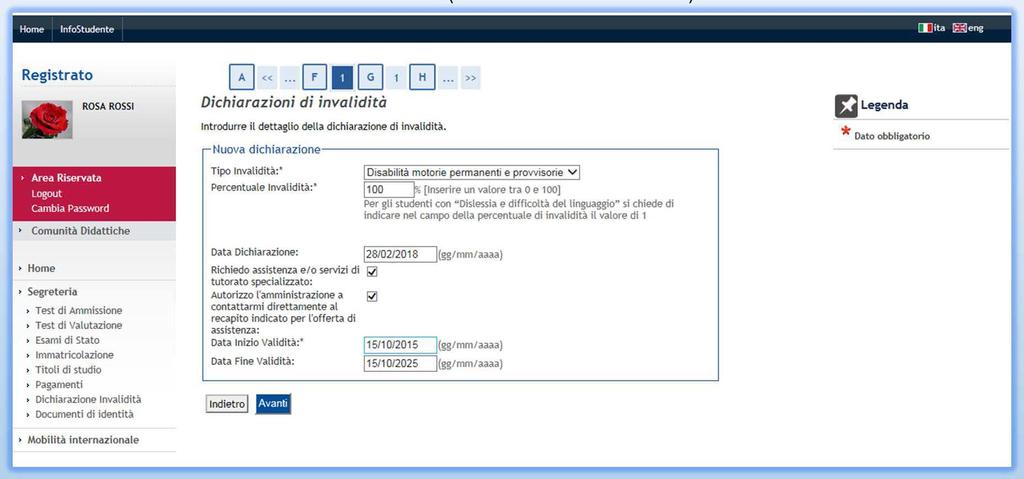 Candidati disabili Dichiarazione di invalidità Fase 3 1 4 2 3 1 Inserisci la data della documentazione.