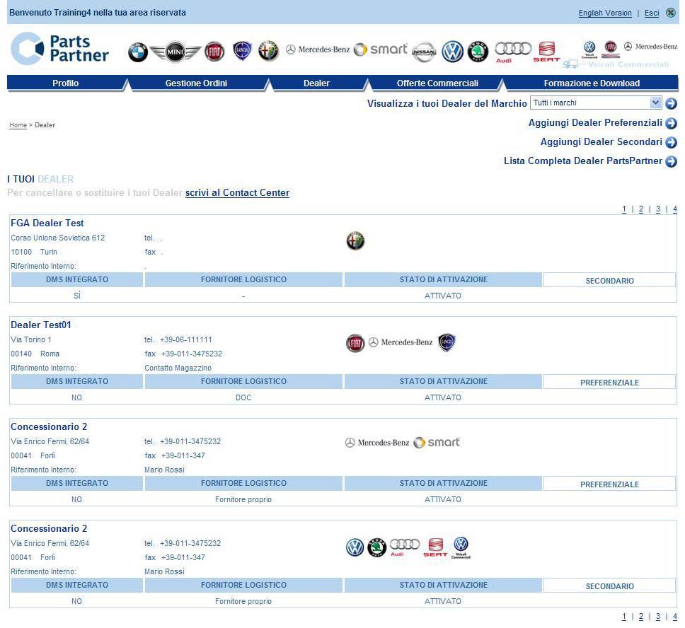 Dealer La pagina dedicata ai Dealer riporta l elenco completo dei dealer con un legame, preferenziale o secondario, con l utente.