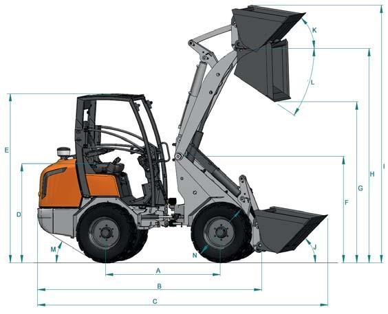 3 Dimensioni della macchina * A B C D E F G H I J K L M N O P Q R S - - Passo Lunghezza totale senza la benna Lunghezza totale con la benna Altezza dal sedile Altezza totale Altezza telaio frontale