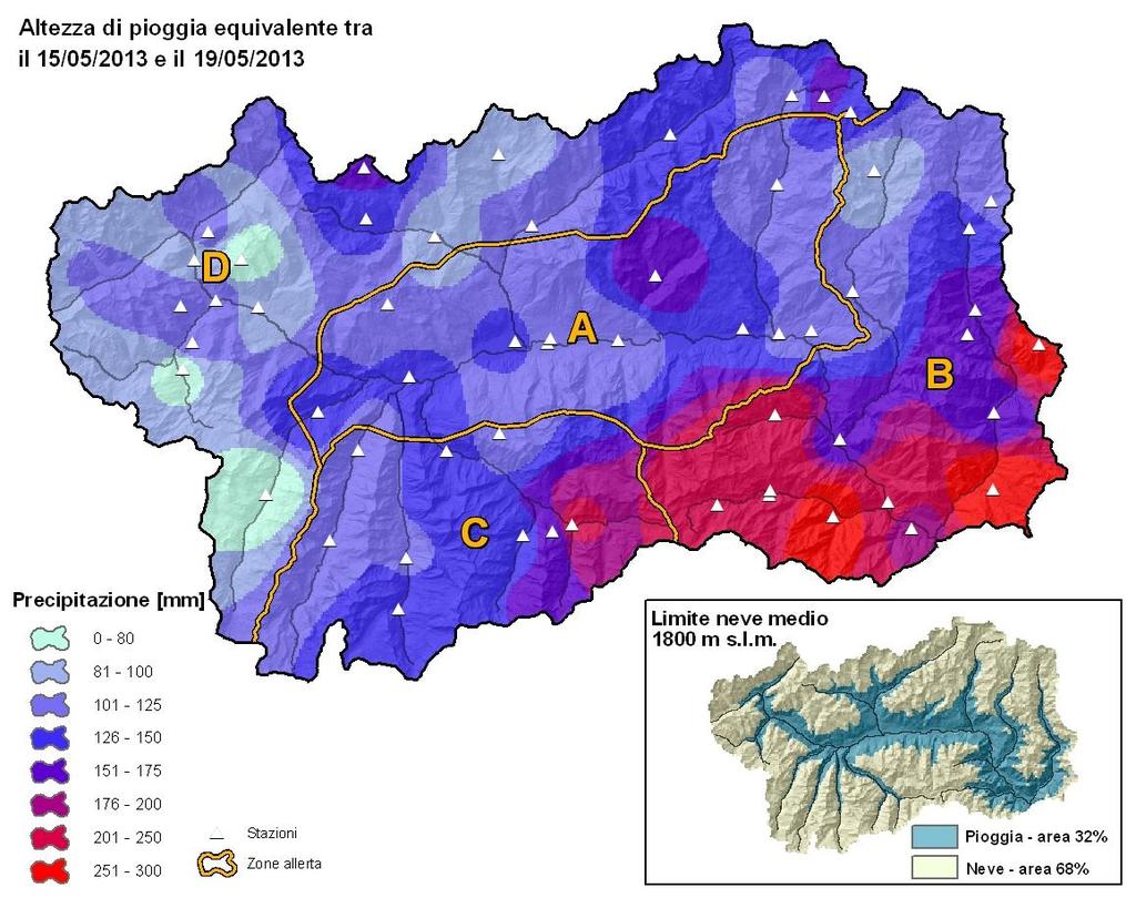 Zona A Zona B Zona C Zona D Valle d Aosta Pioggia cumulata da inizio evento Media [mm] 126 194 144 110 144 Max [mm] 163 299 210 164 299 Media storica mensile [mm] 86 127 88 90 100 Zero termico Quota