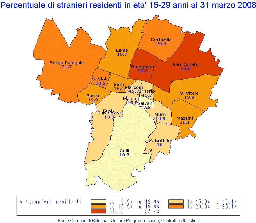 Rilevante la quota di stranieri tra i giovani fra 15 e 29 anni I migranti tra i 15 e i 29 anni rappresentano ormai il 19% dei giovani residenti a Bologna in questa fascia d età.