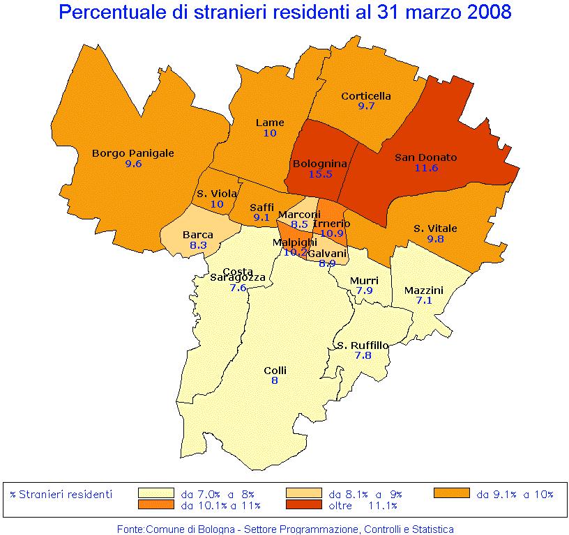 Gli stranieri e la città: Bolognina è la zona più multietnica Popolazione residente per quartiere, zona e sesso al 31 marzo 2008 Quartieri e zone Maschi Femmine Totale Borgo Panigale 1.247 1.121 2.