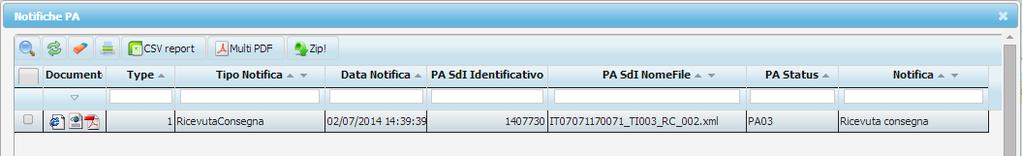 Premendo Apri in corrispondenza della colonna Notifica PA, sarà possibile accedere alle notifiche relative alla trasmissione del file XML.