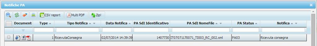 Mentre se si vuole visualizzare l esito dell invio al Cliente PA, premendo Apri in corrispondenza della colonna Notifica PA, sarà possibile accedere alle notifiche relative alla trasmissione del file
