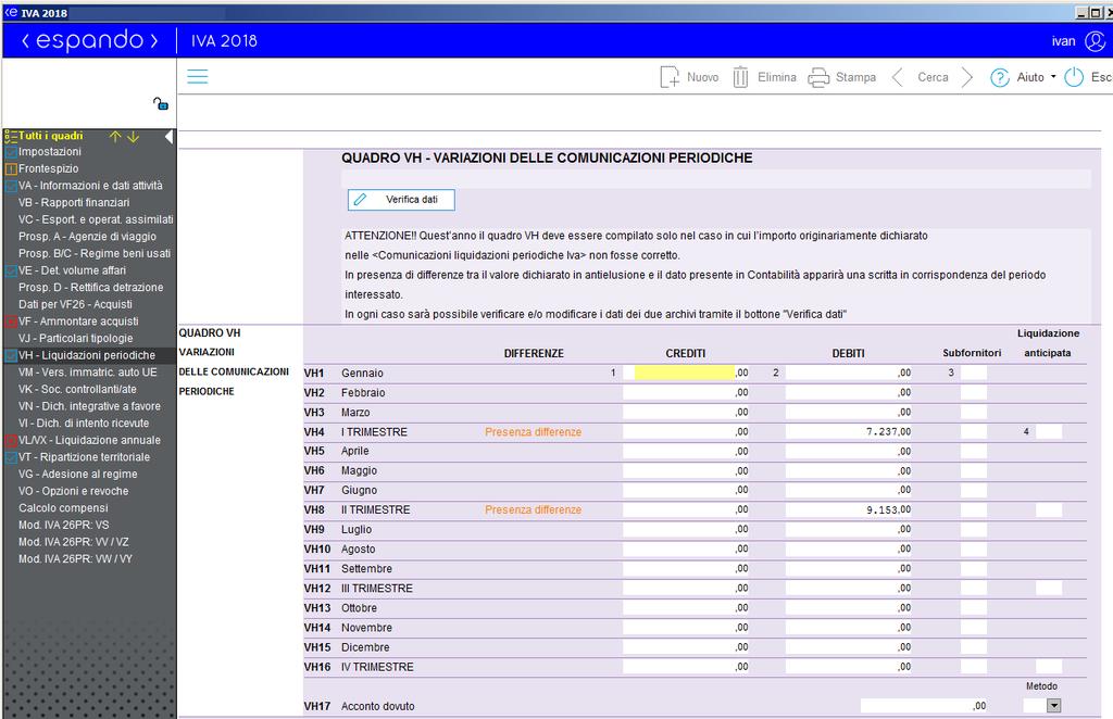 Quadro VH dopo il trasferimento dati Possiamo constatare che, in presenza di differenze,