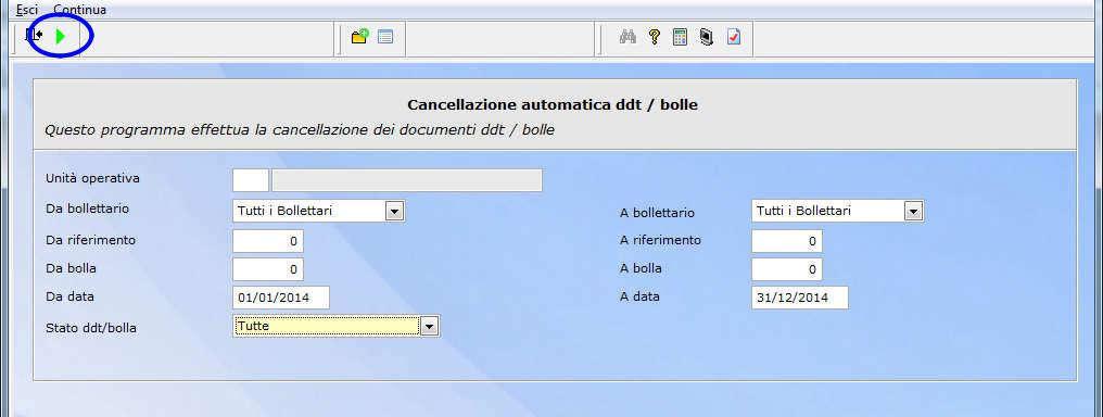 01/01/2017 31/12/2017 Compilare la videata come nell esempio indicando le date delle bolle che si desidera cancellare e cliccare sulla freccia verde per continuare l elaborazione.