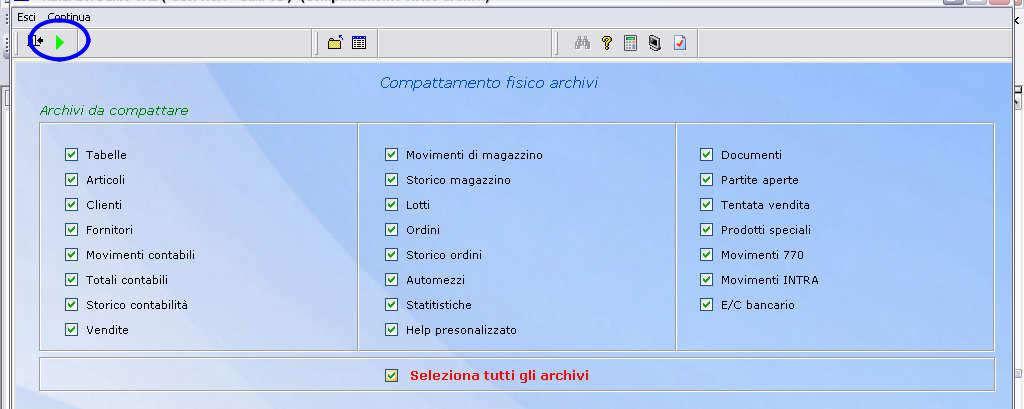 Mettere la spunta in basso alla voce Seleziona tutti gli archivi e cliccare sulla freccia verde per continuare l