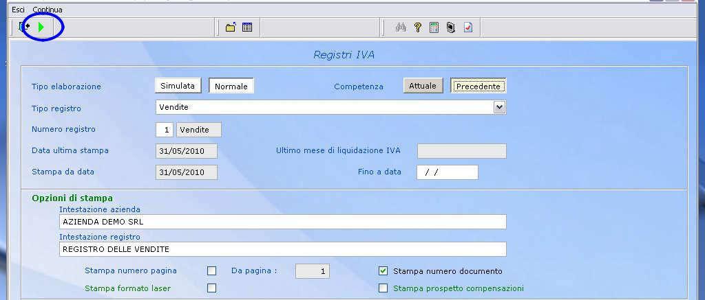 31/12/2016 31/12/2016 31/12/2017 Compilare la videata come nell esempio, selezionando le opzioni di stampa a voi necessarie e cliccare sulla freccia verde per continuare l elaborazione.