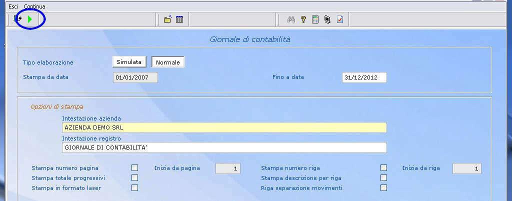 01/01/2017 31/12/2017 Compilare la videata come nell esempio, selezionando le opzioni di stampa a voi necessarie e cliccare sulla freccia verde per continuare l elaborazione. N.B.