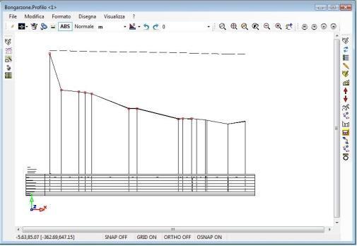 Generazione del profilo e movimenti di terra Il software genera in automatico i picchetti del profilo ed effettua il calcolo delle quote di progetto e dei movimenti