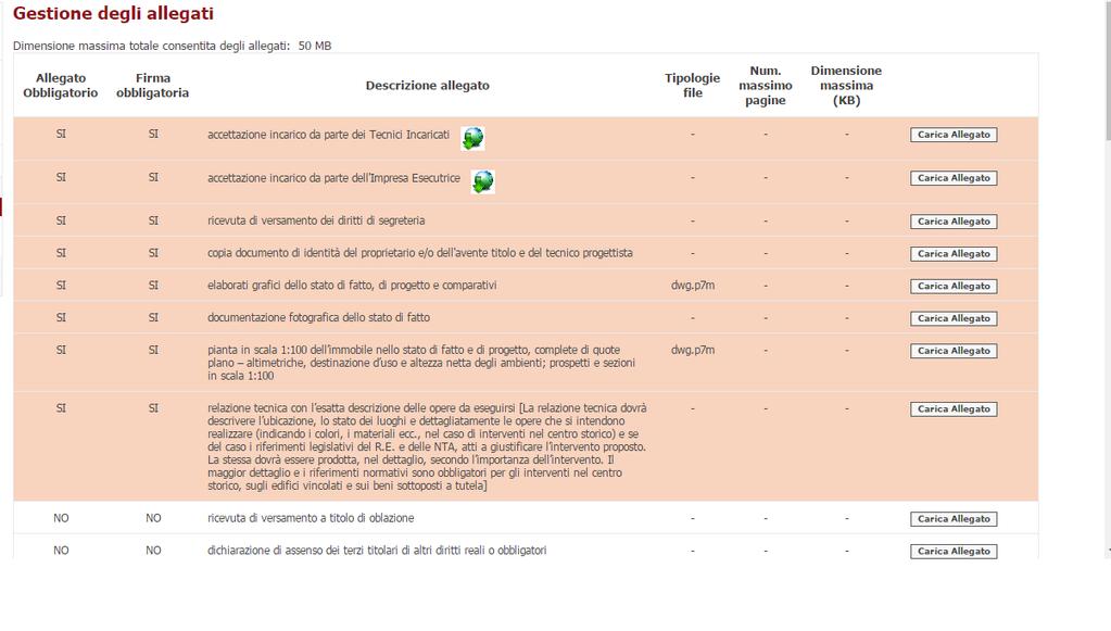 Per ciascun allegato viene data inoltre indicazione circa la: Tipologia del file: fornisce indicazioni sul formato del file che deve essere caricato per quell allegato (doc, pdf, dwg, dwg.p7m.