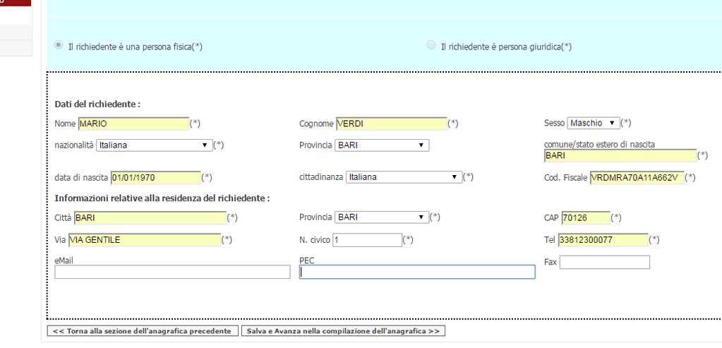 dopo aver cliccato su Salva e Avanza nella compilazione dell anagrafica si dovranno specificare i dati del