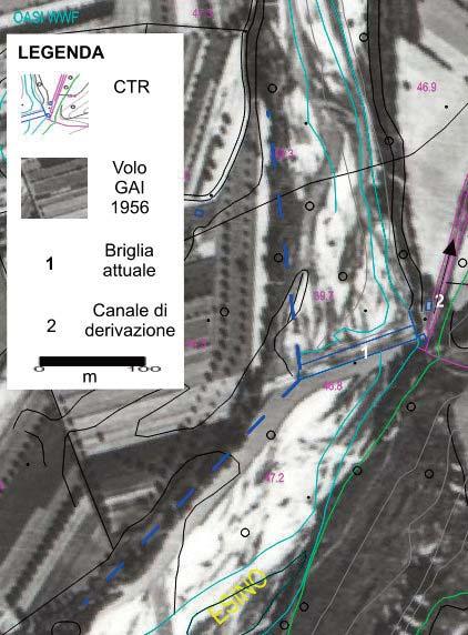 nella piena del novembre 2012. Nel 1991 con la ristrutturazione della briglia vennero realizzati anche delle protezioni spondali, con rilevato a valle e con gabbionate a monte della stessa briglia.