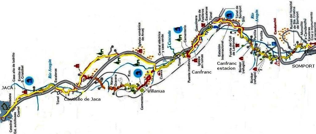 Ctra N330, Rio Aragon e ferrovia sono i nostri indicatori; segnali del GR653 o frecce gialle o pannelli in legno; si scende a sx della ctra sulle scalette e sul sentiero fino al ponte di Candanchù