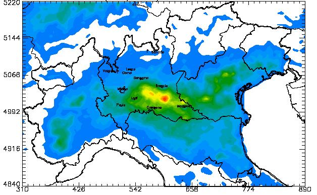 Fornire dati alla base per analisi di scenario sulla Lombardia o sul Bacino Caso base Medie di NH 3 e NO 2 14/09/2011-16/10/2011 NH 3 : Min=0.3 Max=41.2 mg/m 3 NO 2 : Min=0.6 Max=53.