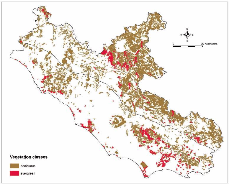 Lazio (a) e distribuzione al loro interno delle due classi di vegetazione