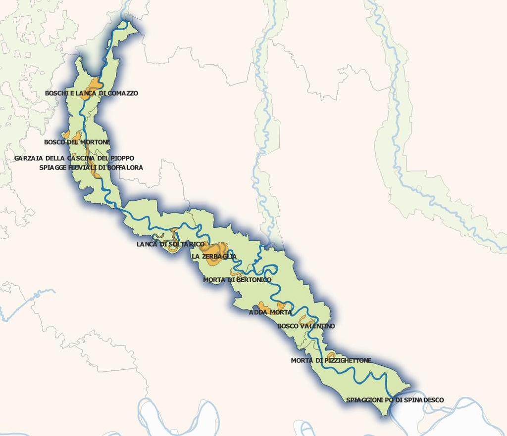 Figura 2 - Posizione dei SIC (Siti di Interesse Comunitario) di pertinenza del Parco Regionale dell'adda Sud Il corso del fiume Adda sublacuale, oltre a rappresentare un elemento di fondamentale