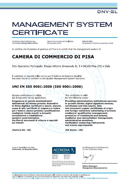 1. 2 La CCIAA di Pisa: l amministrazione LA CERTIFICAZIONE DI QUALITA UNI EN ISO 9001:2008 Nel è stato ampliato il numero dei servizi