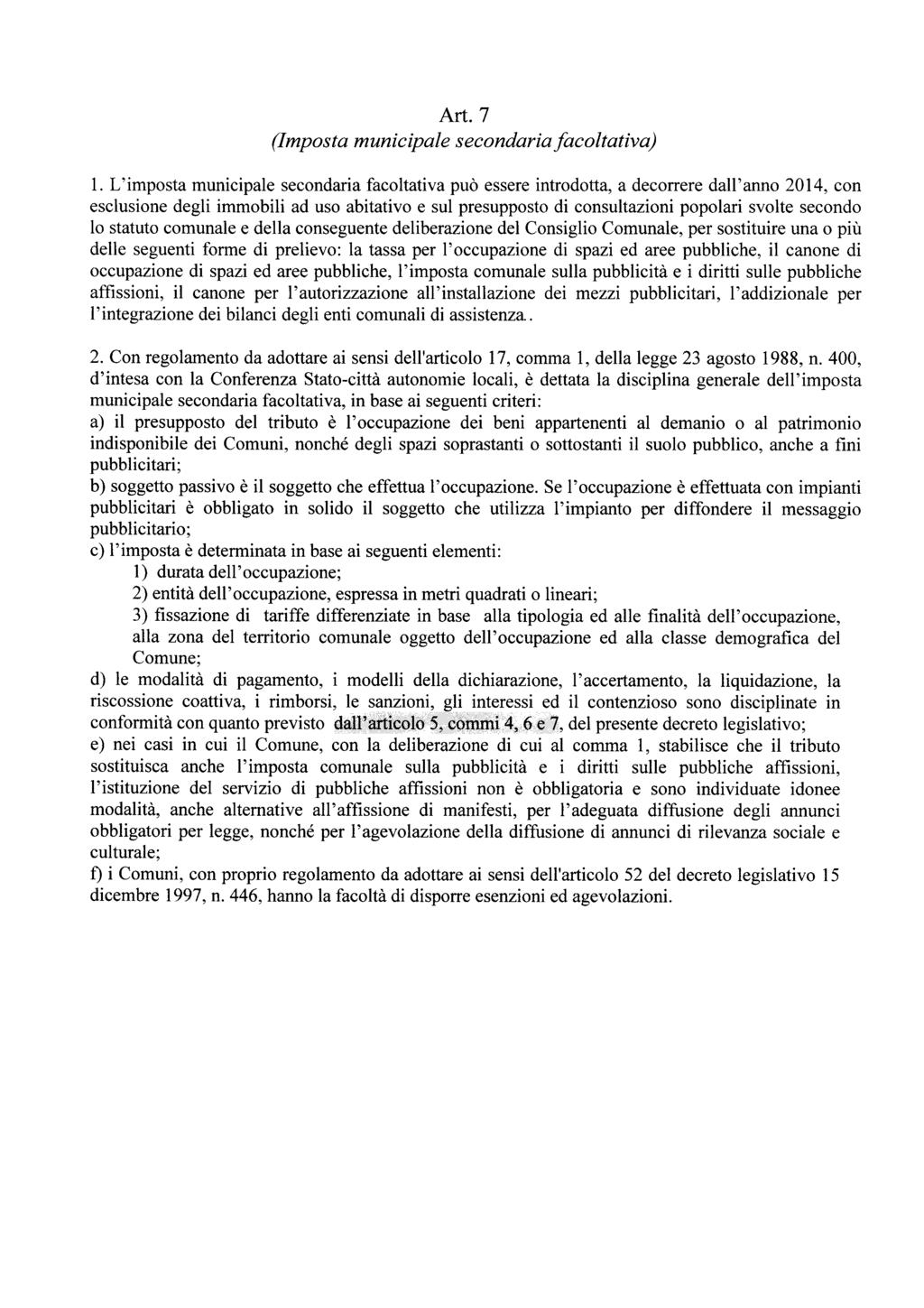 Art. 7 (Imposta municipale secondaria facoltativa) 1.