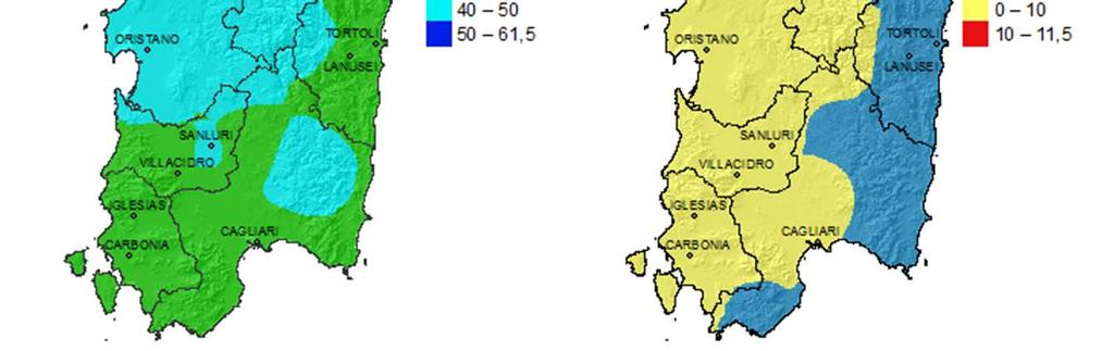 Umidità relativa L umidità relativa minima di maggio mostra un andamento decrescente da Nord-Ovest (50%) a Sud-Est (30%). Si tratta di valori entro ±10% dalla mediana 1995-2014 (Figura 5).