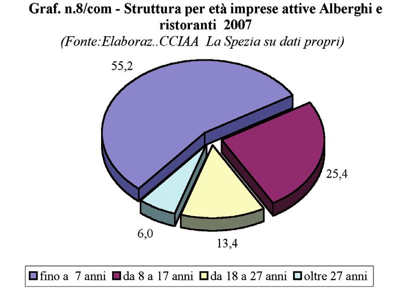 132 Rapporto Economia Provinciale 2007 Più della metà delle imprese attive risulta iscritta da meno di sette anni (55,2%), mentre solo il 19,4% circa supera i 17 anni di età.