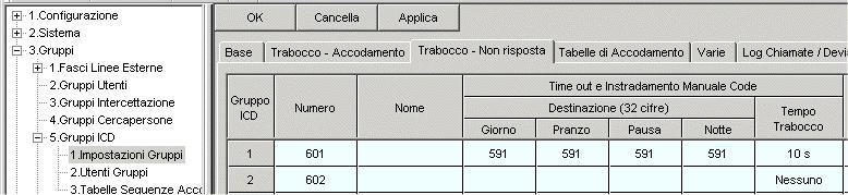 !! Per consentire il corretto funzionamento delle modalità Occupato e Tabelle accoramento, modificare il parametro Numero Interni occupati nel menù 3.Gruppi >> 5.Gruppi ICD >> Varie.