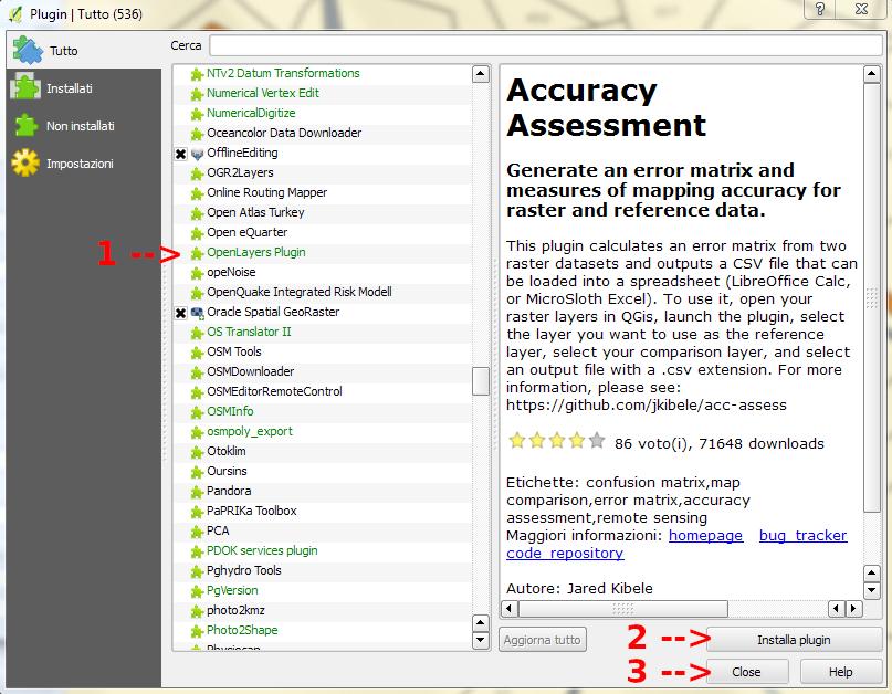 qui selezionare (1) OpenLayers Plugin e poi (2) Installa plugin e successivamente (3) Close in modo da chiudere la finestra.