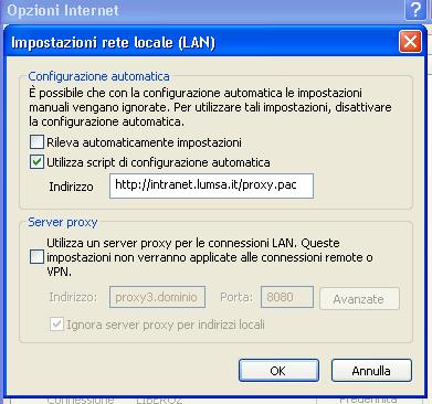 cliccare sulla voce Connessioni (Fig.4) cliccare sulla voce Impostazioni LAN (Fig.4) spuntare la voce Utilizza script di configurazione automatica ed inserire l'indirizzo: http://intranet.lumsa.