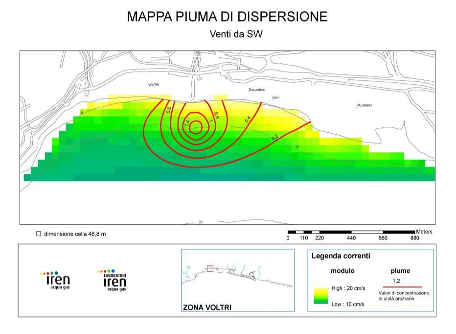 Figura 3 Mappa di una corrente superficiale nella zona di Voltri (Genova). Figura 4 Mappa di una piuma di dispersione nella zona di Voltri (Genova). Autori Dr.